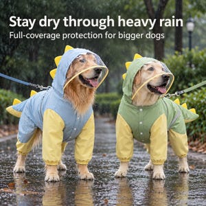 Könnte beinhalten: Zwei Hunde tragen dinosaurierartige Regenmäntel mit Kapuze und durchsichtigem Visier. Der Text lautet: Stay dry through heavy rain. Full-coverage protection for bigger dogs. Die Regenmäntel sind blau und grün mit gelben Ärmeln und Zacken.