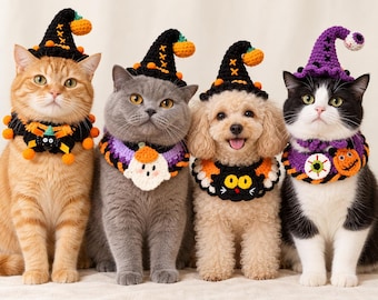 Disfraz de Halloween para gato y perro, gorro de ganchillo para mascotas con collar, 13 estilos, calabaza, bruja y murciélago, atuendo para fiesta de truco o trato, regalo para fotos