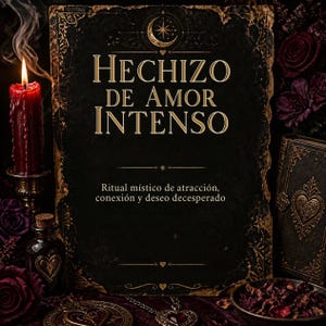 May include: A black rectangular sign with gold text reading HECHIZO DE AMOR INTENSO and Ritual místico de atracción, conexión y deseo desesperado. The sign is surrounded by a red candle, dark roses, a small bottle, and a heart-shaped pendant.