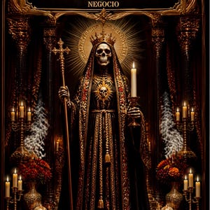 May include: A skeletal figure wearing a crown and a black robe with gold embroidery, holding a tall cross staff and a lit candle. The text reads BAJO SU MANTO PROTECCIÓN Y ABUNDANCIA PARA TU NEGOCIO, surrounded by lit candles and skulls.