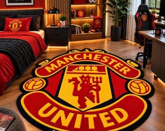 Manchester United Teppich, Fußballfan-Zimmerdeko, Fußball-Wandteppich, rot-schwarz-goldener Teppich, Sportgeschenk, Man United Wohnaccessoires