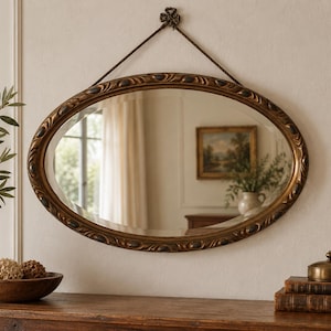 Peut inclure: Un miroir mural ovale doté d'un cadre en bois sculpté, sombre et orné, présentant des accents décoratifs répétitifs. Le miroir est suspendu par une corde sombre fixée à une petite attache métallique en forme de trèfle au sommet du cadre.