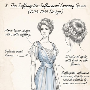 May include: A sketch of a 1900-1909 evening gown featuring a mono-bosom drape, petal sleeves, and a semi-transparent gauze overlay with silver paisley-floral embroidery. Includes a structured floral updo, lace gloves, and medium-height heels.