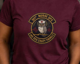 Nurse T-Shirt, Nurse Ops Owl Graphic, Healthcare Worker Apparel, Nursing Gift