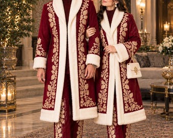 Bespoke Wool Couple's Winter Suits, Gold Embroidered Faux Fur Trims (Custom Tailored)