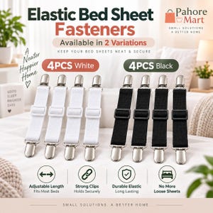 Könnte beinhalten: Elastische Bettlaken-Spanner in zwei Sets zu je vier Stück, einmal in Weiß und einmal in Schwarz. Jeder Spanner verfügt über verstellbare elastische Bänder mit silbernen Metallclips an beiden Enden. Der Text umfasst Elastic Bed Sheet Fasteners, 4PCS White, 4PCS Black sowie Merkmale wie Adjustable Length, Strong Clips, Durable Elastic und No More Loose Sheets.