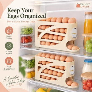 May include: Two beige plastic egg dispensers with a rolling gravity-fed design, each holding multiple rows of eggs. The units feature curved side cutouts and are positioned on refrigerator shelves alongside clear food storage containers.