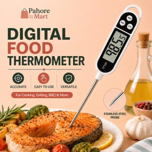 Könnte beinhalten: Ein weißes digitales Lebensmittelthermometer mit einer langen Edelstahlsonde, die in ein gegartes Lachsfilet eingestochen ist. Das Gerät hat ein schwarzes Display mit der Anzeige 98.5 Grad, Tasten für Hold, On/Off, C/F und eine Aufhängeöse.