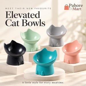 May include: Five elevated cat bowls in black, light green, gray, teal, and pink. Each bowl features a cat-ear shaped rim and small paw details at the base. Text reads: MEET THEIR NEW FAVOURITE Elevated Cat Bowls, Pahore Mart, A little style for every mealtime.