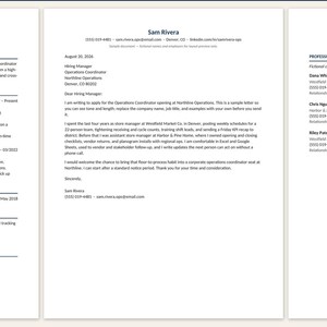 Pode incluir: Um conjunto de três documentos contendo um currículo, uma carta de apresentação e uma lista de referências profissionais para Sam Rivera. As páginas contêm texto preto sobre fundo branco, detalhando experiência profissional, educação e contatos.