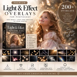 Puede incluir: Un paquete de producto digital titulado Premium Light & Effect Overlays for Photoshop, que incluye una colección de más de 200 superposiciones como bokeh, destellos solares, mariposas y burbujas, mostrado con una imagen de muestra de un niño.