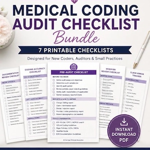 May include: A medical coding audit checklist bundle featuring seven printable PDF documents. The main page is titled Medical Coding Audit Checklist Bundle and includes sections for pre-audit, coding accuracy, modifier review, and claim-error tracking.