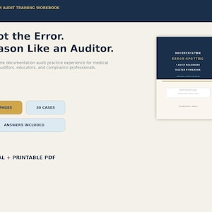 May include: A digital and printable PDF workbook titled Premium Audit Training Workbook, featuring the text Spot the Error. Reason Like an Auditor. It includes 80 pages, 30 cases, and answers. The cover is dark blue and cream with gold accents.
