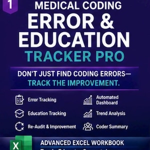 May include: A dark blue digital graphic for Medical Coding Error & Education Tracker Pro. It lists features including Error Tracking, Education Tracking, Re-Audit & Improvement, Automated Dashboard, Trend Analysis, and Coder Summary for Excel.