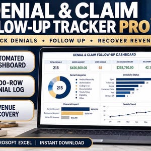 May include: A laptop screen displays a Denial & Claim Follow-Up Tracker Pro dashboard with charts and financial data. The interface includes sections for total denials, denied amounts, and recovery rates, alongside an automated Excel dashboard icon.