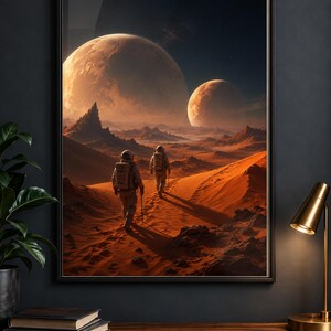 二つの月の砂漠の壁アート、シュールな惑星風景ポスター、デジタルダウンロード