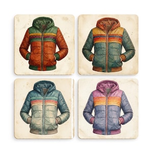 May include: A set of four square coasters, each featuring a watercolor illustration of a hooded puffer jacket. The jackets display horizontal stripes across the chest and are rendered in distinct color combinations of orange, green, blue, and purple.