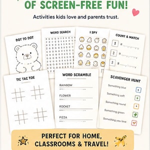 Puede incluir: Una colecci&oacute;n de hojas de actividades con Dot to Dot, Word Search, I Spy, Count & Match, Tic Tac Toe, Word Scramble y Scavenger Hunt. El texto dice 200+ PAGES OF SCREEN-FREE FUN! Activities kids love and parents trust. PERFECT FOR HOME, CLASSROOMS & TRAVEL!