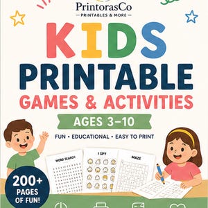Puede incluir: Una portada de producto digital para juegos y actividades imprimibles para ni&ntilde;os con el texto PrintorasCo, Kids Printable Games & Activities, Ages 3-10, 200+ Pages Of Fun, Instant Download, Print At Home, US Letter & A4, Made With Love.