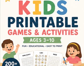 May include: A digital product cover for kids printable games and activities featuring the text PrintorasCo, Kids Printable Games & Activities, Ages 3-10, 200+ Pages Of Fun, Instant Download, Print At Home, US Letter & A4, and Made With Love.