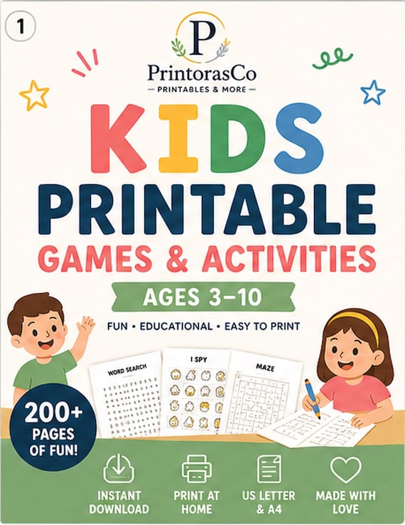 200+ Page Kids Activity Bundle, Ages 3-10, Screen-Free Games (Digital Download)