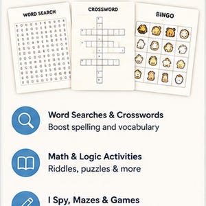 Puede incluir: Una tarjeta de actividades blanca con el texto FUN FOR AGES 6-8, que muestra una sopa de letras, un crucigrama y un juego de bingo. Debajo hay tres iconos con los textos: Word Searches & Crosswords, Math & Logic Activities e I Spy, Mazes & Games.