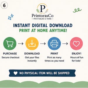 Puede incluir: Un gr&aacute;fico instructivo para un servicio de descarga digital con el logotipo de PrintorasCo. Describe cuatro pasos: Purchase, Download, Print y Enjoy, representados por iconos en c&iacute;rculos verdes, amarillos, azules y rosas. El texto dice: NO PHYSICAL ITEM WILL BE SHIPPED.