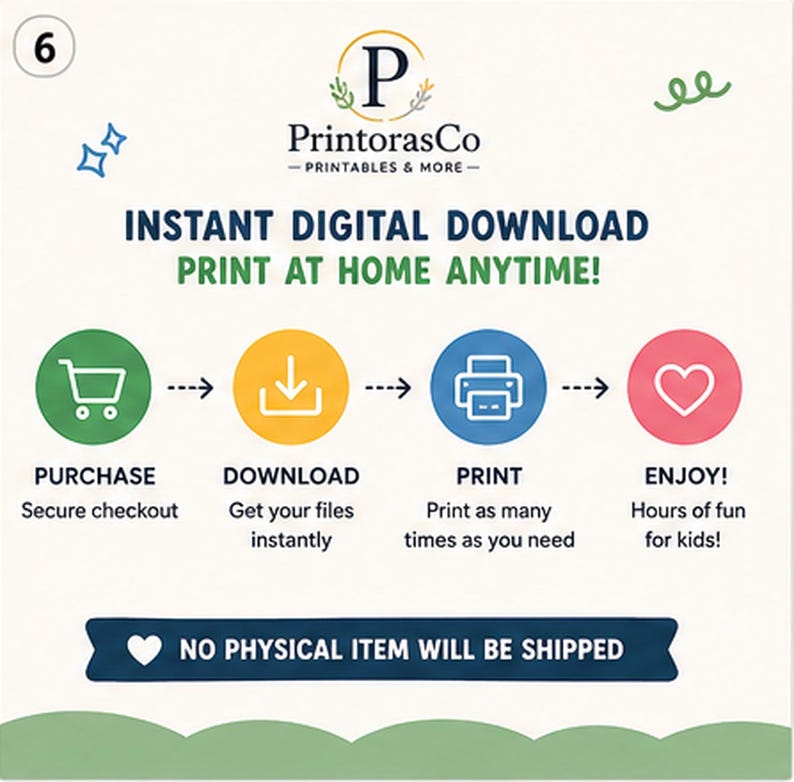 Puede incluir: Un gr&aacute;fico instructivo para un servicio de descarga digital con el logotipo de PrintorasCo. Describe cuatro pasos: Purchase, Download, Print y Enjoy, representados por iconos en c&iacute;rculos verdes, amarillos, azules y rosas. El texto dice: NO PHYSICAL ITEM WILL BE SHIPPED.