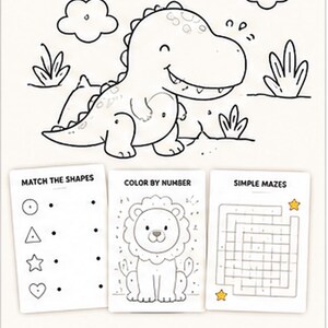 Puede incluir: Una hoja de actividades blanca con una ilustraci&oacute;n de dinosaurio, el texto FUN FOR AGES 3-5 y tres tarjetas peque&ntilde;as etiquetadas como MATCH THE SHAPES, COLOR BY NUMBER y SIMPLE MAZES. El texto inferior dice Big fun for little learners! Simple &bull; Engaging &bull; Educational.