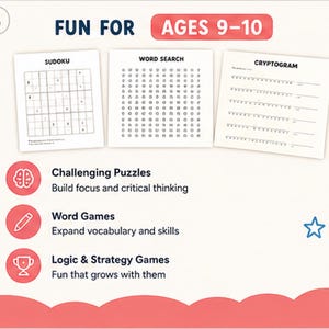 Puede incluir: Un conjunto de hojas de actividades con una cuadr&iacute;cula de Sudoku, una sopa de letras y un criptograma. El texto dice Fun For Ages 9-10, Challenging Puzzles, Word Games y Logic & Strategy Games. Incluye iconos de un cerebro, un l&aacute;piz y un trofeo.