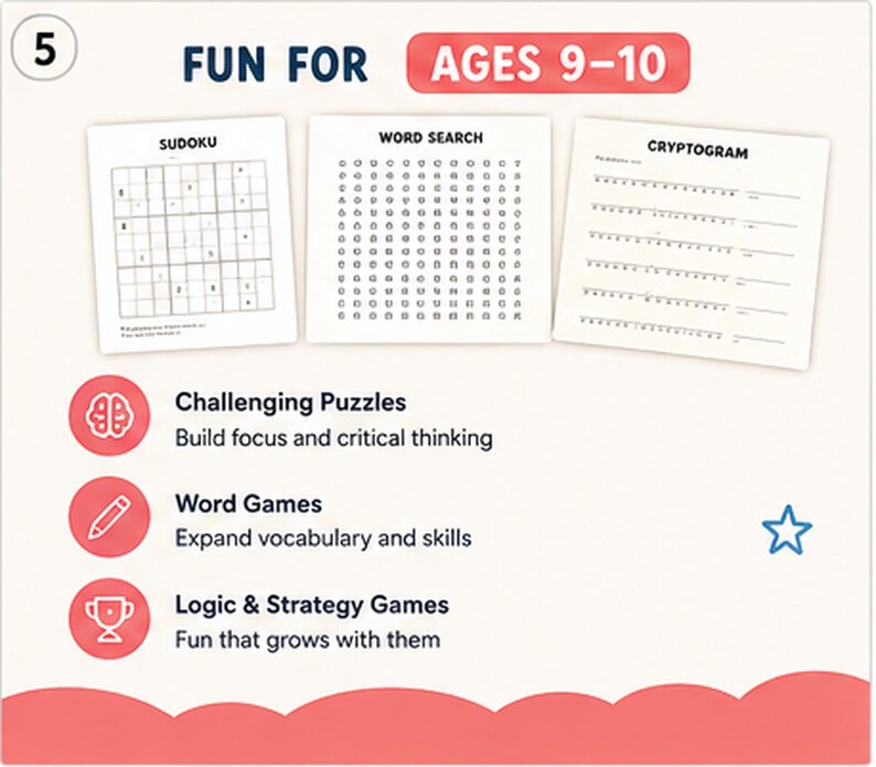 Puede incluir: Un conjunto de hojas de actividades con una cuadr&iacute;cula de Sudoku, una sopa de letras y un criptograma. El texto dice Fun For Ages 9-10, Challenging Puzzles, Word Games y Logic & Strategy Games. Incluye iconos de un cerebro, un l&aacute;piz y un trofeo.