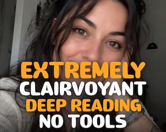 May include: A digital graphic featuring the text EXTREMELY CLAIRVOYANT DEEP READING NO TOOLS in bold orange and white lettering. The background displays a person with dark hair and a beaded bracelet on their wrist, with a decorative line element.