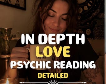May include: A beige ceramic mug held by a person, featuring the text IN DEPTH LOVE PSYCHIC READING DETAILED. The scene includes a lit candle in a glass holder and stacks of tarot cards on a table, set against a dark background with a moon phase tapestry.