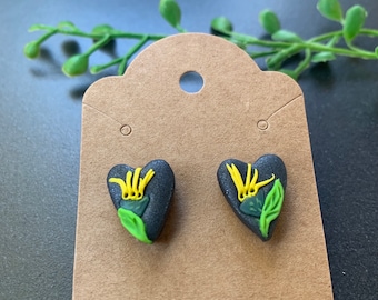 yellow flowers or sprout earrings one of a kind polymer clay wearable art, springtime gift, black and yellow tones