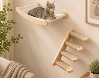 Cat Hammock and Stairway with Sisal Rope Wall Mounted Climbing Shelf Scratching Grinding Claws Toy for Kitten Cats Furniture