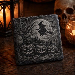 May include: A square slate coaster featuring a detailed monochromatic engraving of a Halloween scene. The design depicts three jack-o'-lanterns in the foreground, a witch flying on a broomstick before a full moon, a spiderweb, and bats.