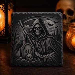 Grim Reaper Engraved Slate Coaster | Gothic Skull & Raven Design | Halloween Decor | Horror Fan Gift