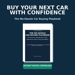 Może przedstawiać: Cyfrowy przewodnik zatytułowany The No-Hassle Car Buying Playbook z ciemnoniebieską okładką i białym tekstem. Okładka zawiera podtytuł How to walk into a dealership, stay in control, understand the numbers, and buy with confidence.
