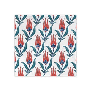 May include: A square textile featuring a repeating pattern of stylized tulips on a white background. Each tulip has vibrant red petals with dark blue bases, accompanied by long, curved teal green leaves that extend from the stems.