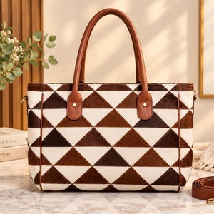 Handtasche mit geometrischem Patchwork in Braun-Weiß, Western-Schultertasche, rustikale Boho-Handtasche