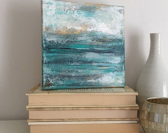 Original Abstract Coastal Painting, "Turquoise Waters", on an 8x8 Gallery Wrapped canvas.