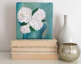 Original Abstract Painting, "White Hydrangeas", on an 8x8 Gallery Wrapped Canvas.