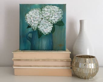 Original Abstract Painting, "Blue Hydrangeas", on an 8x8 Gallery Wrapped Canvas.