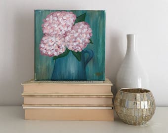 Original Abstract Painting, "Pink Hydrangeas", on an 8x8 Gallery Wrapped Canvas.