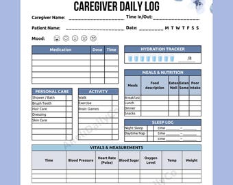 Registro diario del cuidador en PDF, informe diario de turno y registro de medicación imprimible