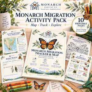 May include: A Monarch Migration Activity Pack featuring a central tracker and map booklet, multiple printable activity sheets, a butterfly sticker, three colored pencils, a wooden ruler, and a pair of green scissors on a wooden surface.