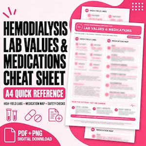 May include: A pink and white digital study guide titled Hemodialysis Lab Values & Medications Cheat Sheet A4 Quick Reference. The document features sections for high-yield labs, a medication map, and safety checks with medical icons like test tubes.