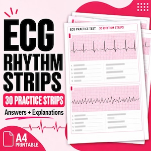 Puede incluir: Una pila de hojas de prueba de práctica de tiras de ritmo ECG imprimibles en A4 con fondos de cuadrícula rosa. El texto dice ECG RHYTHM STRIPS, 30 PRACTICE STRIPS, Answers + Explanations y A4 PRINTABLE. Cada hoja presenta trazados de ritmo cardíaco negros.