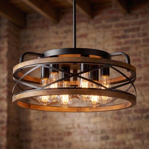 May include: A circular chandelier featuring a matte black metal frame with intersecting bands and a natural wood-toned ring. The fixture holds six exposed Edison-style light bulbs arranged in a circle, suspended by a single central black rod.