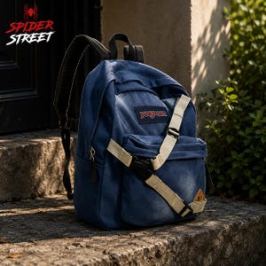 Può includere: Uno zaino blu navy JanSport con un ampio scomparto principale e una tasca frontale più piccola. La tasca frontale è fissata con due cinghie regolabili beige e una fibbia in plastica nera. Il logo JanSport è ricamato in rosso sulla parte anteriore.